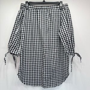 Black and White Gingham Plaid Off Shoulder Tie Sleeve Blouse